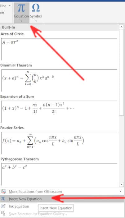Select the Insert Menu, then Equation Select the Insert Menu, then Equation