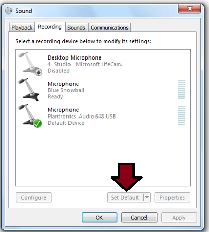 Microphone and click Set Default Microphone and click Set Default