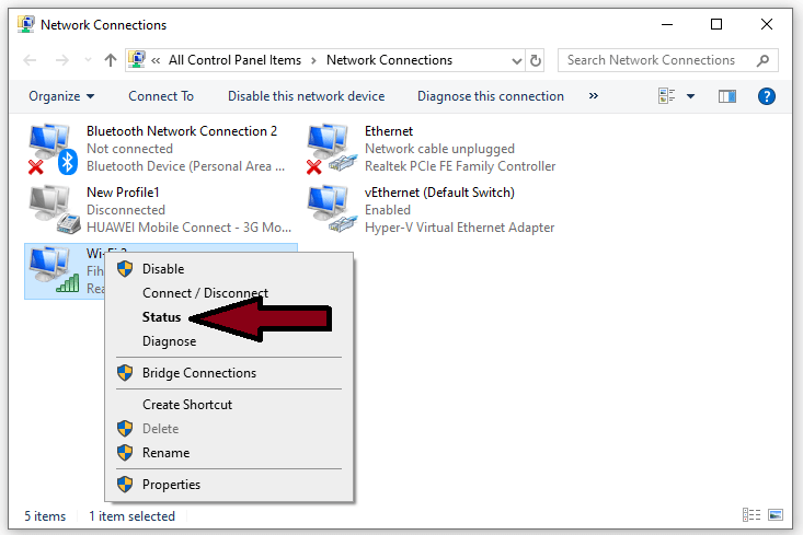 Right-click on the Wi-Fi network and select “Status” Right-click on the Wi-Fi network and select “Status”