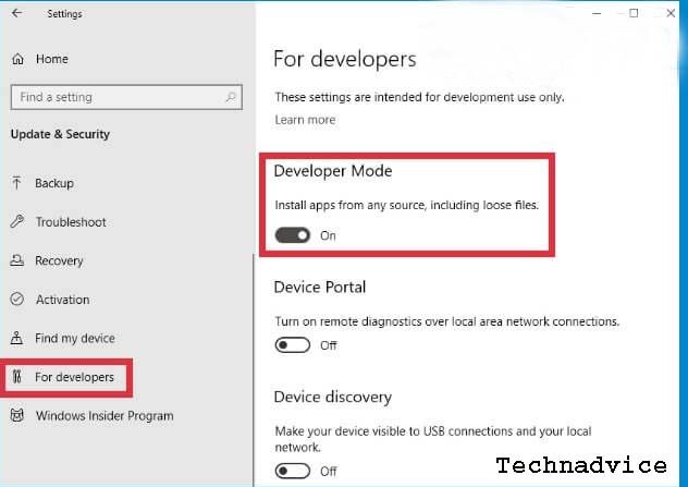 Enable the Developer mode (side-loading) feature Enable the Developer mode (side-loading) feature