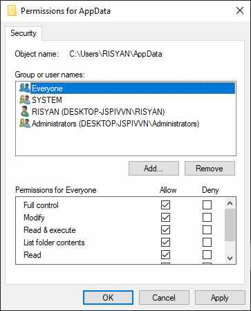 Give Full Permissions to the Account Give Full Permissions to the Account