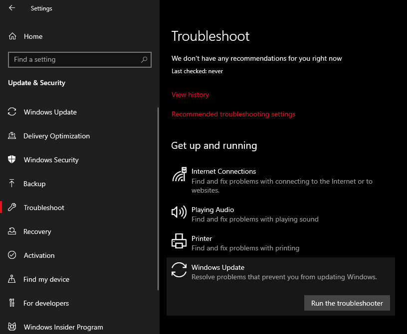 Run Windows Update Troubleshooter Run Windows Update Troubleshooter