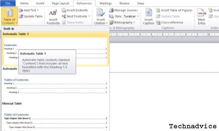 Create Automatic Table of contents
