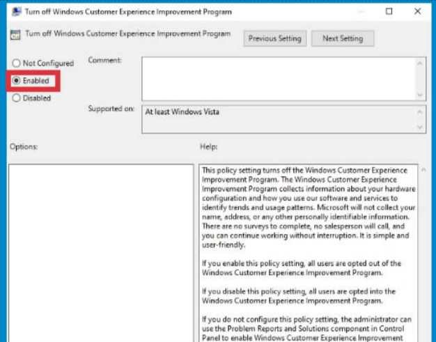 Turn off the Customer Experience Improvement feature